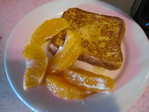 trader joe's low-fat frozen french toast with honey and supreme oranges