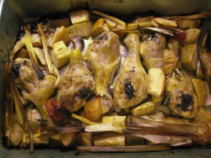 straight out of the oven! roasted chicken with apples and leeks