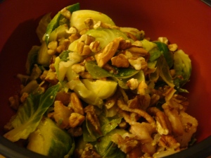 close-up of brussel sprouts with pecans (Iron Chef Michael Symon recipe)
