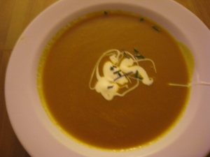 Trader Joe's carrot ginger soup with creme fraiche and chives